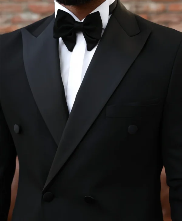 Mens Dark Black Double Breasted 2 Piece Suit Collar