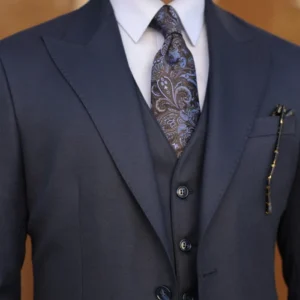 Mens Dark Blue Three Piece Slim Fit Suit Collar