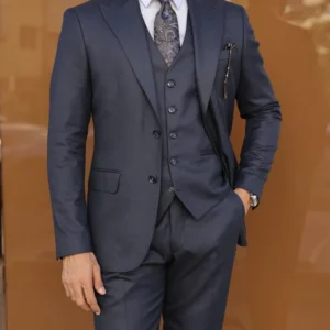 Mens Dark Blue Three Piece Slim Fit Suit Main