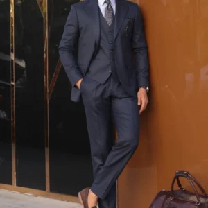 Mens Dark Blue Three Piece Slim Fit Suit Standing