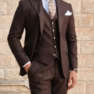 Mens Dark Brown Three Piece Formal Suit Close