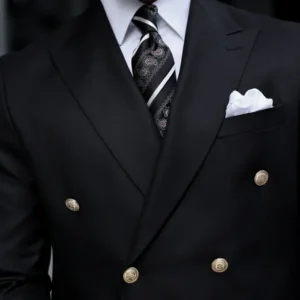 Mens Double Breasted Jet Black Formal Suit Collar