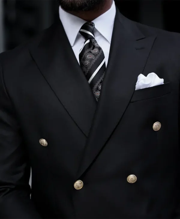 Mens Double Breasted Jet Black Formal Suit Collar