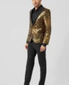 Mens Emiliano Skinny Fit Gold Floral Sequin Suit Walking