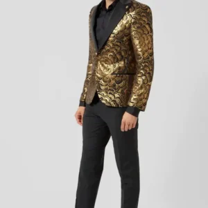 Mens Emiliano Skinny Fit Gold Floral Sequin Suit Walking