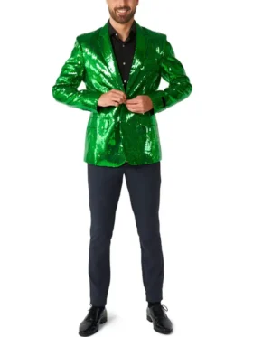 Mens Green 2 Piece Stylish Sequin Suit Stand Up