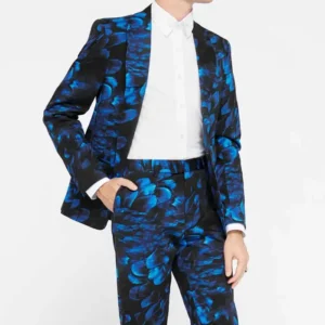 Mens Heron Slim Fit Blue Floral Cotton Suit