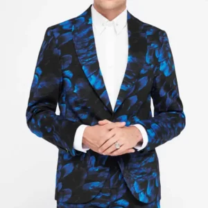 Mens Heron Slim Fit Blue Floral Cotton Suit Style