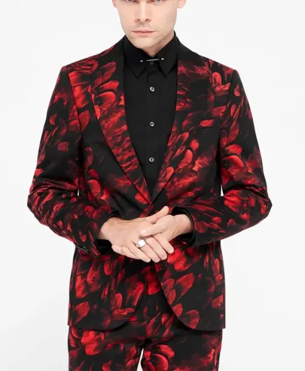 Mens Heron Slim Fit Red Floral Cotton Suit