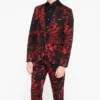 Mens Heron Slim Fit Red Floral Cotton Suit Stand Up