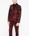 Mens Heron Slim Fit Red Floral Cotton Suit Stand Up