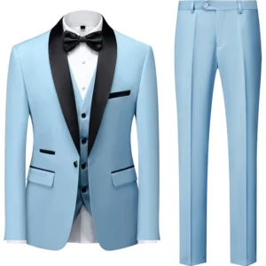 Mens Light Blue Shawl Lapel 3 Pieces Tuxedo