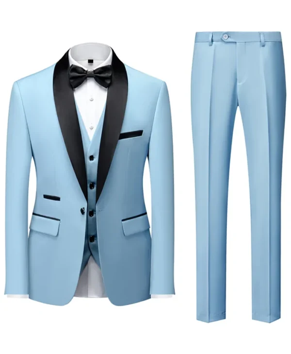 Mens Light Blue Shawl Lapel 3 Pieces Tuxedo