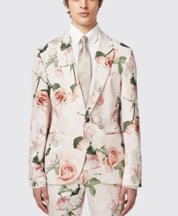 Mens Lincoln Skinny Fit Pink Floral Cotton Suit