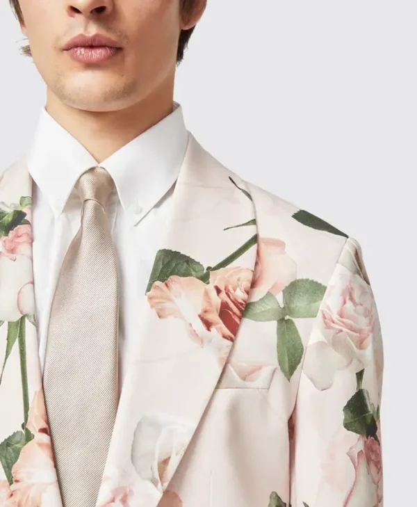 Mens Lincoln Skinny Fit Pink Floral Cotton Suit Collar