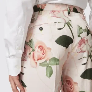 Mens Lincoln Skinny Fit Pink Floral Cotton Suit Trouser