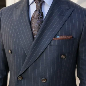 Mens Navy Blue Pinstripe Slim Fit Suit Closure