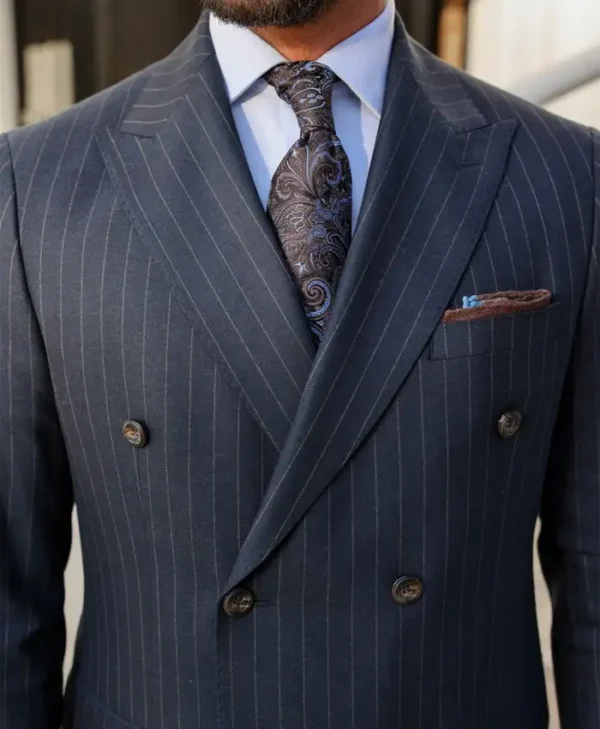 Mens Navy Blue Pinstripe Slim Fit Suit Collar