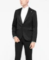 Mens Papatya Slim Fit Black Jacquard Suit Stand Up