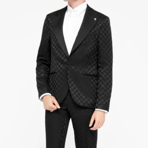 Mens Papatya Slim Fit Black Jacquard Suit Stand Up