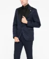 Mens Papatya Slim Fit Navy Jacquard Suit Stand Up