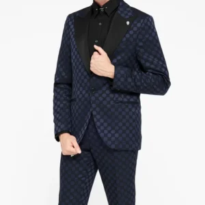 Mens Papatya Slim Fit Navy Jacquard Suit Stand Up