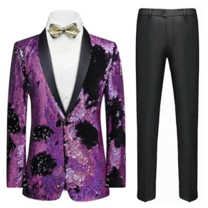 Mens Purple And Black Slim Fit Tuxedo Suit