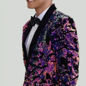 Mens Purple Sequins Two Piece Suit Collar