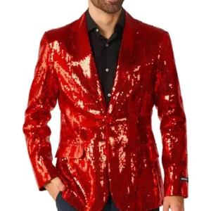 Mens Red Sequin Slim Fit 2 Piece Suit