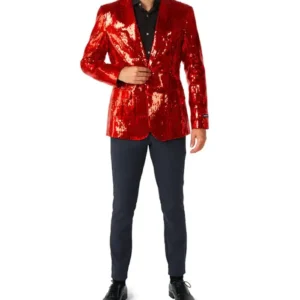 Mens Red Sequin Slim Fit 2 Piece Suit Stand Up
