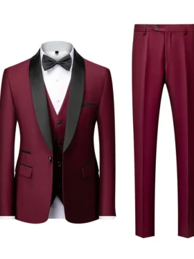 Mens Red Shawl Lapel Three Pieces Suit