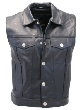 Mens Shirt Collar Denim Style Biker Club Leather Vest