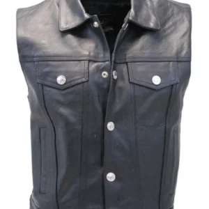 Mens Shirt Collar Denim Style Biker Club Leather Vest