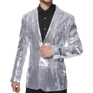 Mens Silver 2 Piece Sequin Party Suit Collar