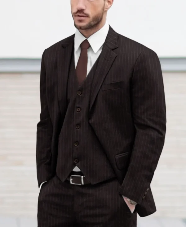 Mens Simple Brown Pinstripe Suit For Wedding Main 1