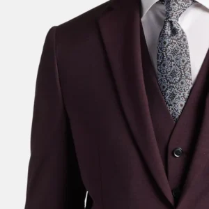 Mens Slim Fit 3 Piece Burgundy Wedding Suit Collar