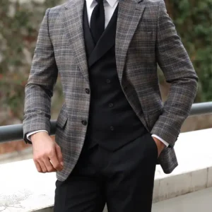 Mens Slim Fit Light Grey And Black Chequered Suit