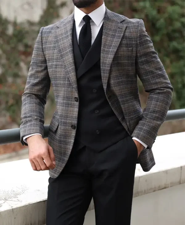 Mens Slim Fit Light Grey And Black Chequered Suit