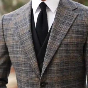 Mens Slim Fit Light Grey And Black Chequered Suit Collar