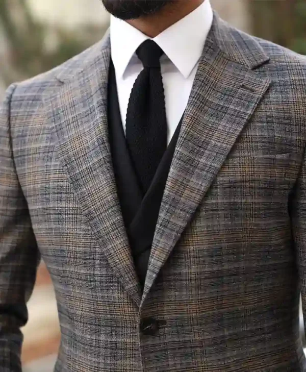 Mens Slim Fit Light Grey And Black Chequered Suit Collar