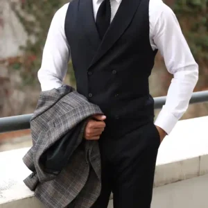 Mens Slim Fit Light Grey And Black Chequered Suit Vest