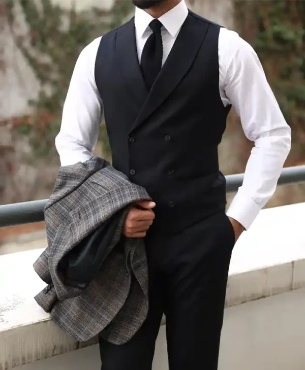 Mens Slim Fit Light Grey And Black Chequered Suit Vest