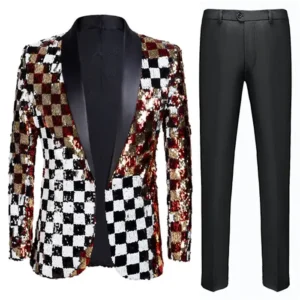 Mens Slim Fit Sequin Checks Embroidery Tuxedo