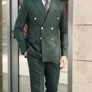 Mens Slim Fit Tailored Slim Fit Green Pinstripe Suit