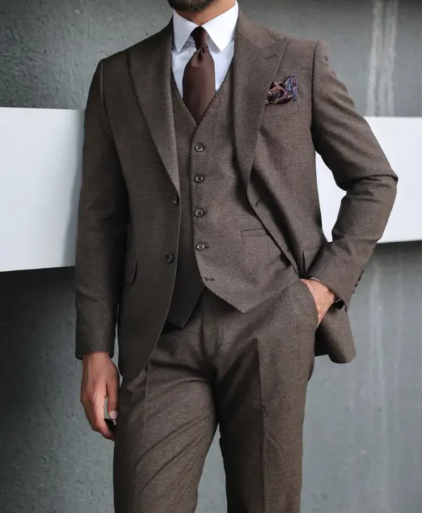 Mens Slim Fit Three Piece Brown Stylish Suit