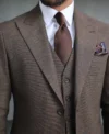 Mens Slim Fit Three Piece Brown Stylish Suit Collar