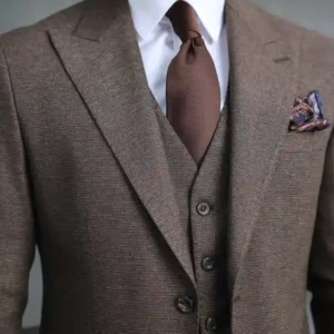 Mens Slim Fit Three Piece Brown Stylish Suit Collar