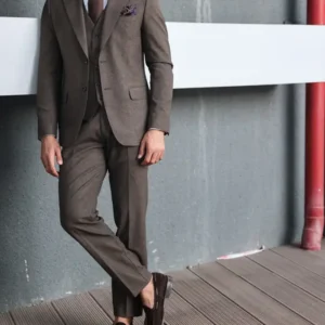 Mens Slim Fit Three Piece Brown Stylish Suit Stand Up