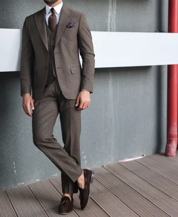 Mens Slim Fit Three Piece Brown Stylish Suit Stand Up