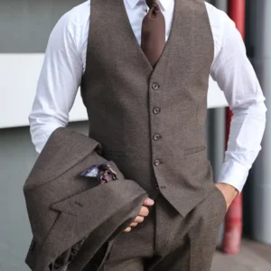 Mens Slim Fit Three Piece Brown Stylish Suit Vest